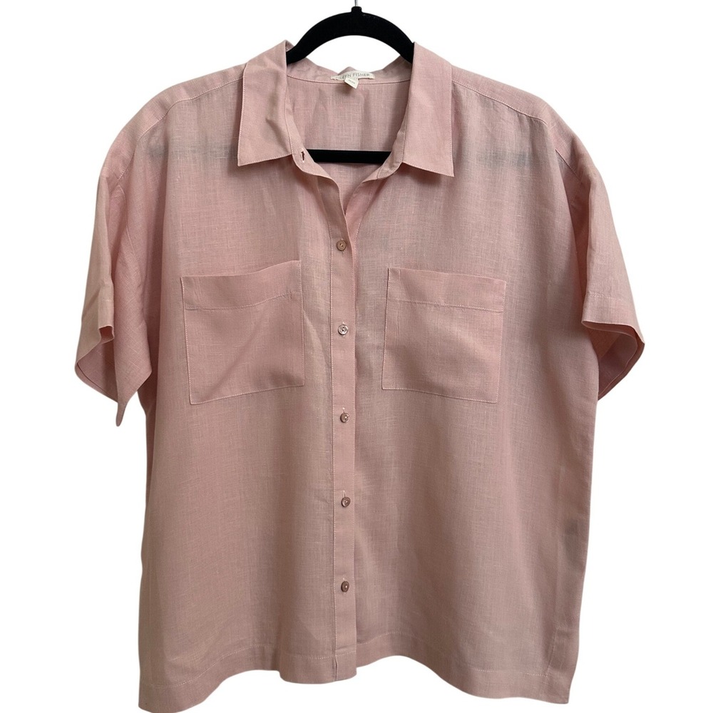 EILEEN FISHER Organic Linen Short Sleeve Button Down Shirt Top Pink M